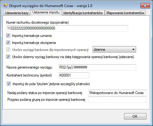 Inne ustawienia Ustawienia importu Numer rachunku docelowego numer rachunku bankowego zdefiniowanego w programie Humansoft Corax, na który mają być importowane operacje bankowe; jeśli jest on inny