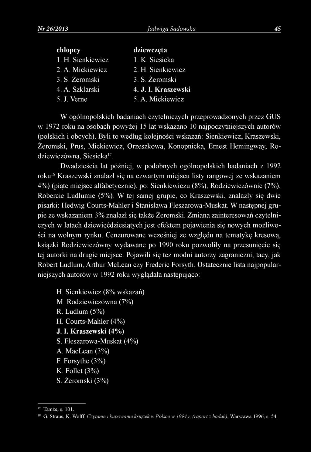 Nr 26/2013 Jadwiga Sadowska 45 chłopcy 1. H. Sienkiewicz 2. A. Mickiewicz 3. S. Żeromski 4. A. Szklarski 5. J. Verne dziewczęta 1. K. Siesicka 2. H. Sienkiewicz 3. S. Żeromski 4. J. I. Kraszewski 5.