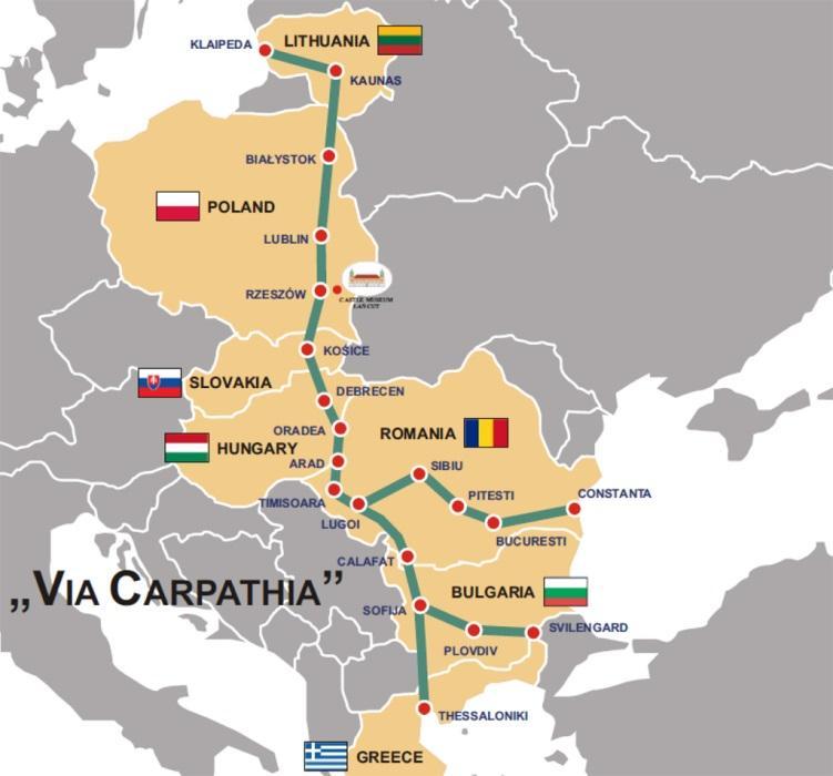 Przebieg Via Carpathia, (długości i populacja w krajach) 2,956mln Via Carpatia: - na odcinku Rzeszów Lublin w sieci bazowej TEN-T, - na pozostałych odcinkach na terenie Polski w sieci komplementarnej