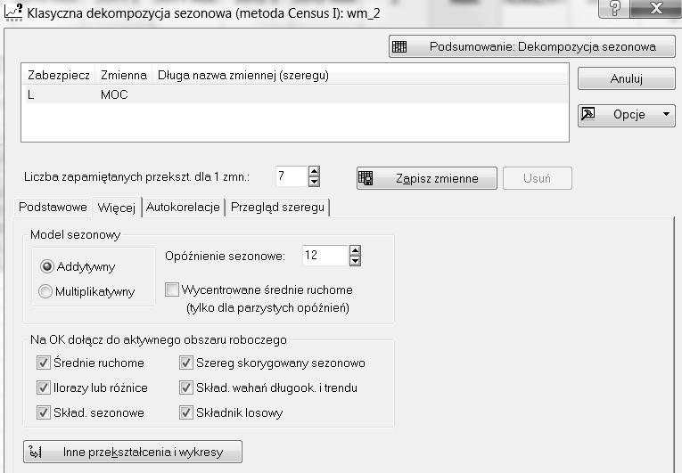 Zastosowanie dekompozycji sezonowej 45 Rys. 2. Widok karty Więcej/Klasyczna dekompozycja sezonowa (metoda Census 1) Fig. 2. View of card More / Classical Seasonal Decomposition (Method Census 1) Rys.