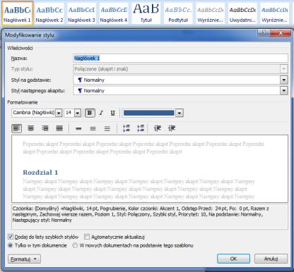 Spis treści Microsoft Word <1> Rozdziały i podrozdziały mające znaleźć
