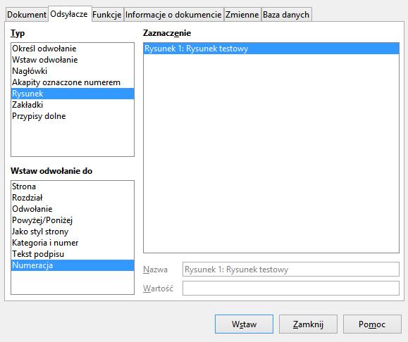 Odwołania Rysunki, tabele i wzory Odwołania do rysunków, wzorów i tabel umieszcza się za pomocą przycisku Odsyłacz w menu Wstaw OpenOffice zapewnia lepszą konfigurowalność odsyłacza jak Microsoft