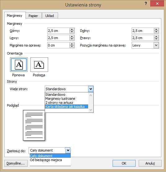 Format strony Microsoft Word <1> Marginesy predefiniowane dostęp Układ