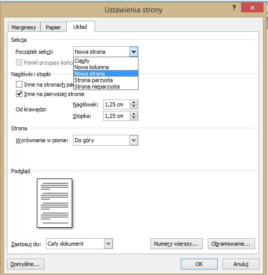 Format strony Microsoft Word <3> Ustawienie parametrów sekcji Nagłówki i stopki Wyrównanie w pionie