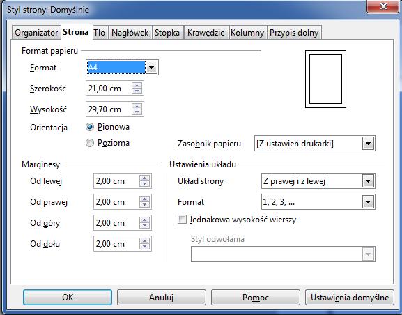 Dostęp do okna konfiguracyjnego stronę dokumentu poprzez menu Format/Strona Wybór rozmiaru strony