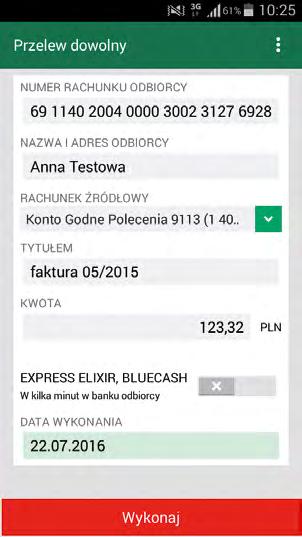 realizacji), 9 zaakceptuj wprowadzone dane, wpisałeś wcześniej na listę odbiorców w BZWBK24 internet): 1 wybierz opcję Przelewy w menu głównym, 2 wybierz opcję Na rachunek dowolny, 3 wpisz numer