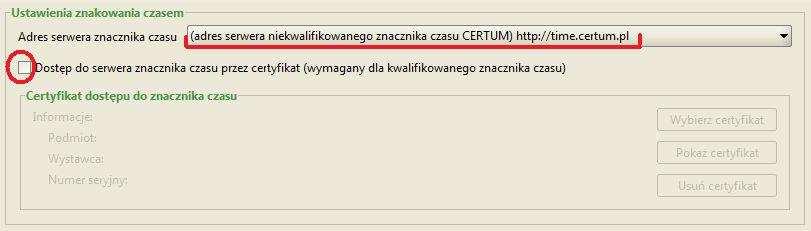 Załącznik nr 1 Zakładka Znacznik czasu 1. Adres serwera znacznika czasu: adres serwera niekwalifikowanego.