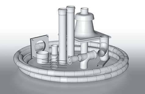 zestaw kominowy 125/80 z rurą elastyczną Kolano koncentryczne z otworem rewizyjnym DN125/80 87 (konieczna instalacja adaptera do kotła) Rura DN125/80 500 mm Rozeta DN125 Opaska kominowa DN125/80 Rura
