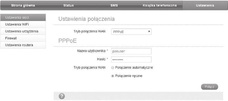 zmienić tryb połączenia WAN i ustawić szczegółowo parametry połączenia.