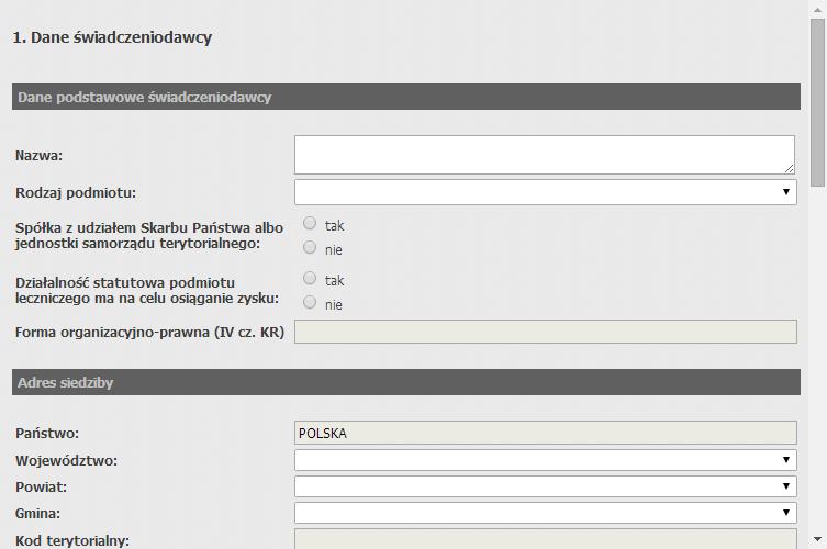 Rej estracj a świadczeniodawcy 11 Krok 2 - wy gląd formatki dla świadczeniodawcy nieistniej ącego w sy stemie.