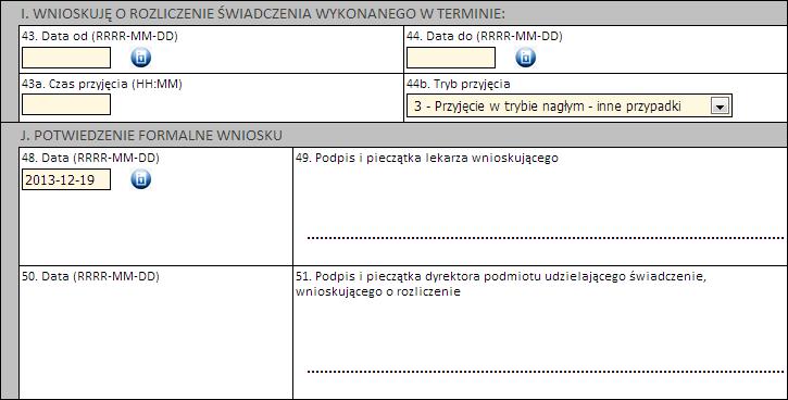 136 Portal Świadczeniodawcy Część I i J Należy wprowadzić właściwe daty w odniesieniu do świadczenia (propozycję terminu ważności decyzji), czas i tryb przyjęcia oraz datę wystawienia wniosku.