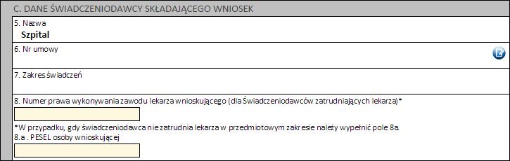 Obsługa okien 137 numer PESEL osoby wnioskującej - pole jest wymagane w sytuacji gdy świadczeniodawca nie zatrudnia lekarza Część D Należy wprowadzić dane pacjenta: Jeżeli zostanie podany PESEL