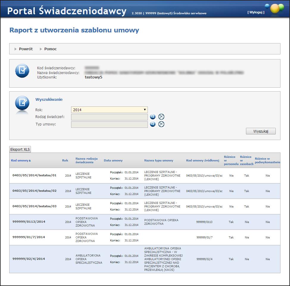 156 Portal Świadczeniodawcy Lista umów zawiera następujące informacje: Dane umowy (kod umowy, rodzaj świadczeń, typ umowy, daty obowiązywania umowy) Kod umowy źródłowej Obszar potencjału, w którym