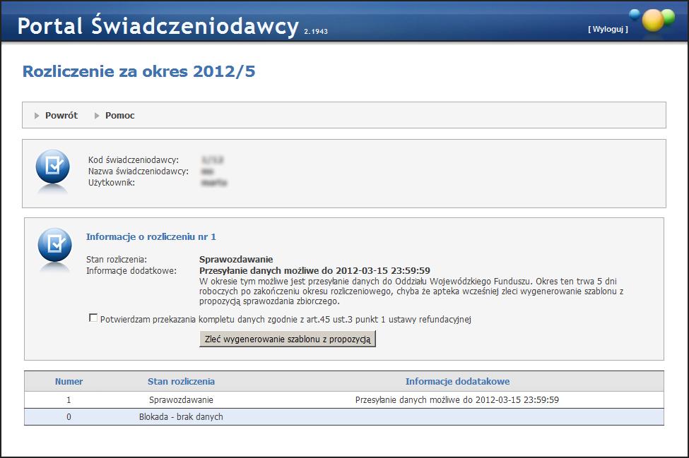 172 Portal Świadczeniodawcy Blokada - brak danych - okres zablokowany z powodu nieprzesłania danych do Oddziału Wojewódzkiego NFZ czasie pierwszych 5 dni roboczych po zakończeniu okresu