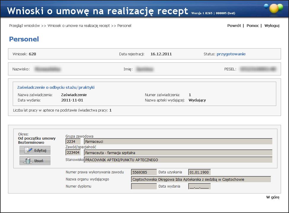 186 Portal Świadczeniodawcy Po zapisaniu personelu dostępne staną się przyciski umożliwiające edycję lub usunięcie personelu z wniosku.