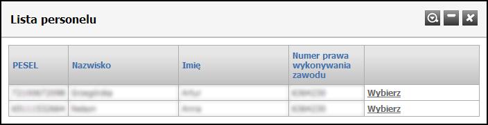 196 Portal Świadczeniodawcy W oknie znajdują się pola filtrujące pozwalające na wyszukiwanie personelu, przycisk pozwalający na dodawanie personelu do umowy oraz lista personelu aktualnie związanego