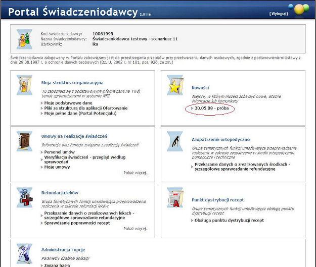 212 4.6 Portal Świadczeniodawcy Nowości Funkcjonalność w sekcji Nowości służy do odbierania wiadomości z kolejek systemowych, obsługuje wiadomości z Messenegera systemowego.