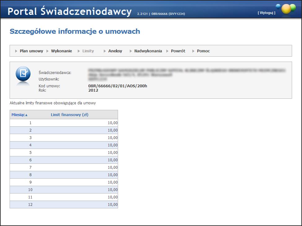 36 Portal Świadczeniodawcy Na zakładce Limity, prezentowane są limity finansowe