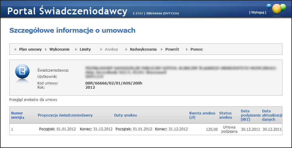 Obsługa okien 37 Na zakładce Aneksy, prezentowany jest przegląd aneksów do umowy.