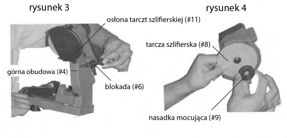 6 UWAGA: ZAWSZE ODŁĄCZ URZĄDZENIE OD ŹRÓDŁA PRĄDU PRZED WYMIANĄ KOŁA SZLIFIERSKIEGO LUB WYKONANIEM JAKICHKOLWIEK REGULACJI NARZĘDZIA. MONTAŻ TARCZY SZLIFIERSKIEJ Odnoś się do schematu ze strony.
