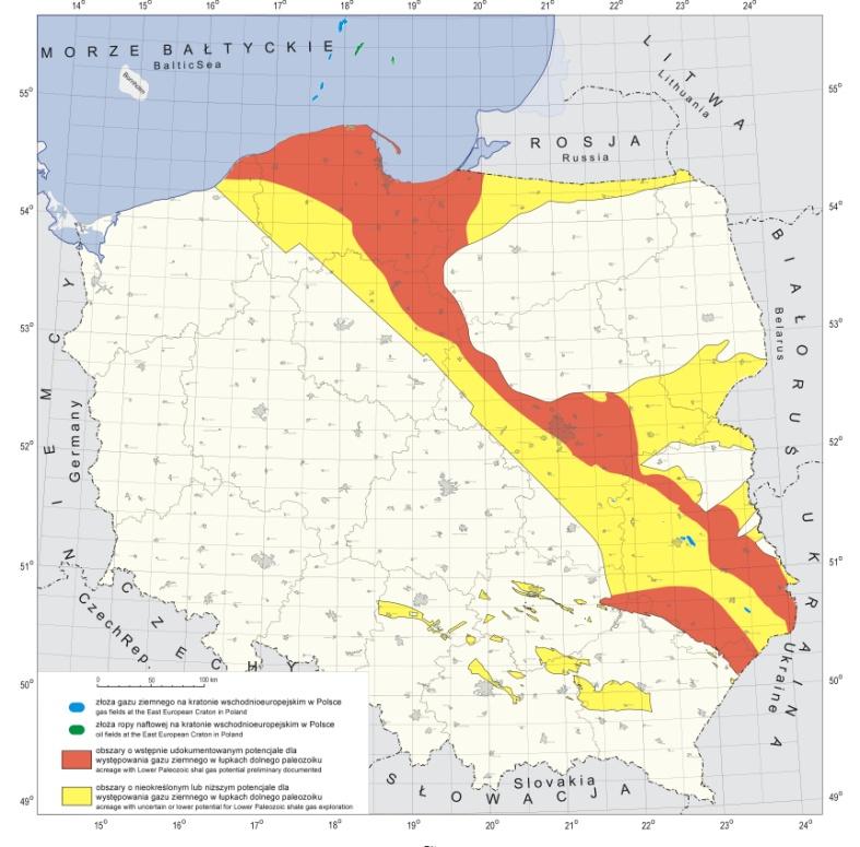 PIG-PIB 2012) zasobów gazu ziemnego (kolor żółty) 41135,77km2 ropy naftowej (kolor niebieski) 23731,3km2 Obszary