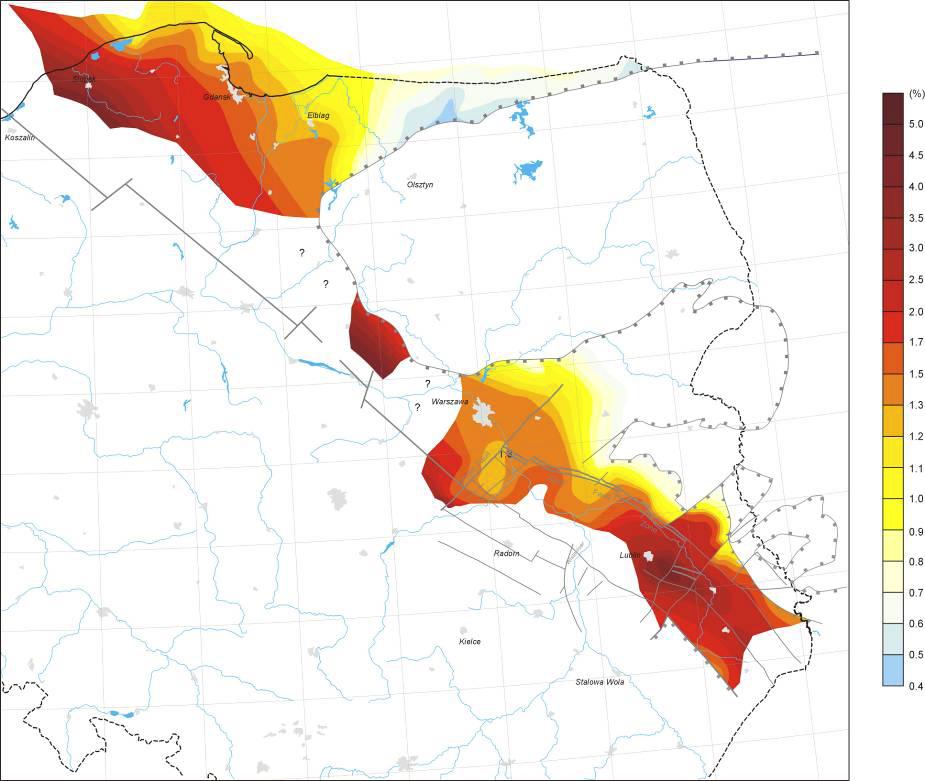 ) obszary o wstępnie udokumentowanym potencjale dla występowania gazu w łupkach dolnego paleozoiku obszary o