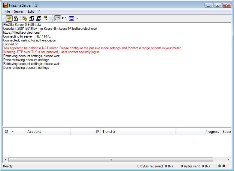 Po zainstalowaniu oprogramowania pojawi się okno (FileZilla Server Interface) za pomocą którego