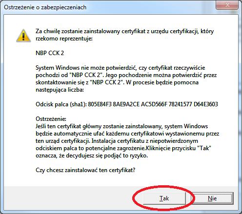 próbie zainstalowania certyfikatu urzędu certyfikacji należy kliknąć przycisk Tak by