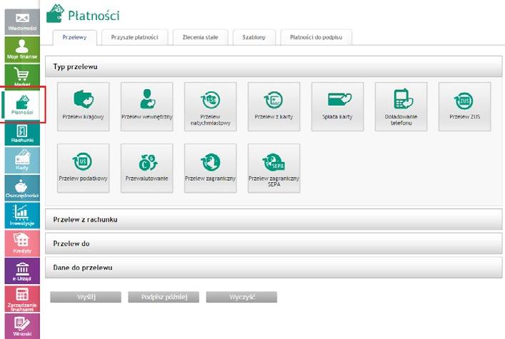 PIERWSZY PRZELEW Krok 1 Po kliknięciu w moduł [Płatności] wybierz rodzaj przelewu, a następnie wskaż rachunek, z którego chcesz wykonać przelew.