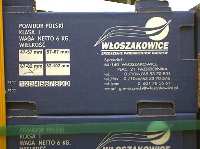Przykłady oznakowania opakowań pomidorów: POLSKIE WARZYWA Sp. z o.o. ul. Warzywnicza 199-999 Góra, Polska, tel.