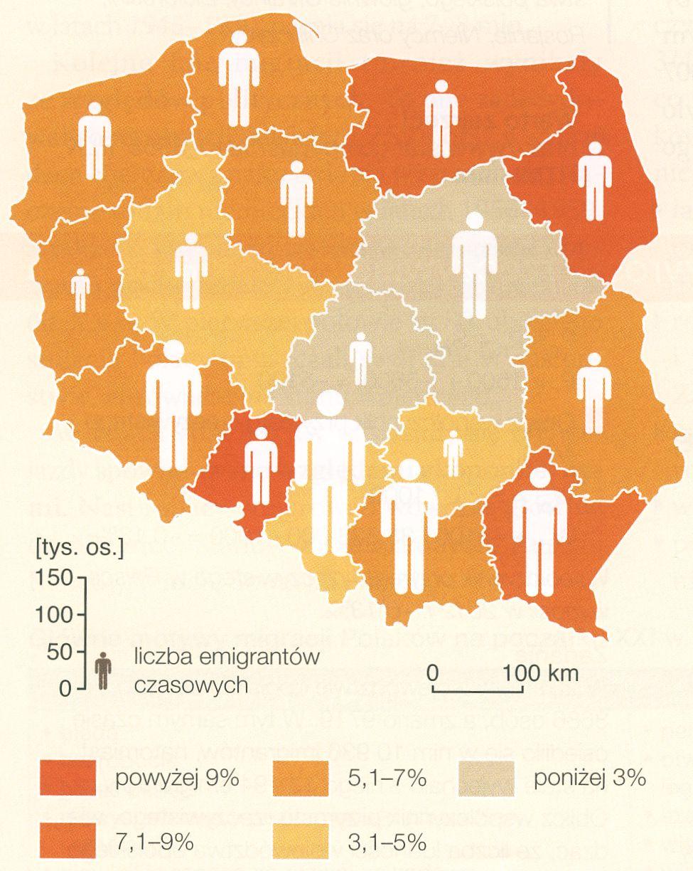Spośród krajów UE (w tych krajach przebywało większość osób około 83%) Polacy najczęściej czasowo przebywali w: Wielkiej Brytanii (788 tys.