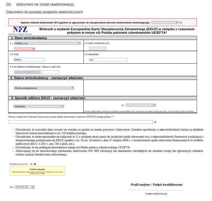 Musimy podać dane takie jak PESEL, status wnioskodawcy i sposób odbioru EKUZ.