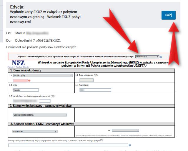 Krok 7: Po wypełnieniu i zaadresowaniu formularza klikamy Dalej.