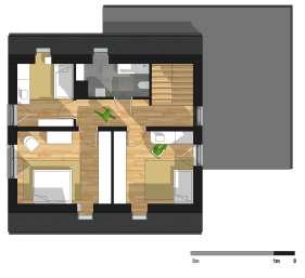Dom D4 posiada trzy sypialnie, dwie łazienki, salon z jadalnią, kuchnię oraz dodatkową przestrzeń komunikacji.