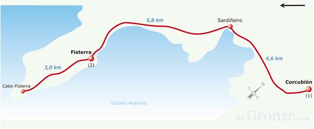 Etap 4 Corcubión - Fisterra (10.3 km) Sardiñeiro Do Fisterra: 5.7 km Do Fisterra: 5.7 km Fisterra Mieszk.: 5100 Wys.: 18 m.n.p.m. Do San Martino de Duio: 1.9 km Do Fisterra: 0 km 1.
