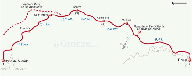 Etap 4 Tineo - Peñaseita (28 km) Campiello Wys.: 620 m.n.p.m. Do Borres: 3 km Do Santiago de Compostela: 230.7 km Albergue Casa Herminia: 26 miejsc, cena: 13 (lub 10 ), tel.