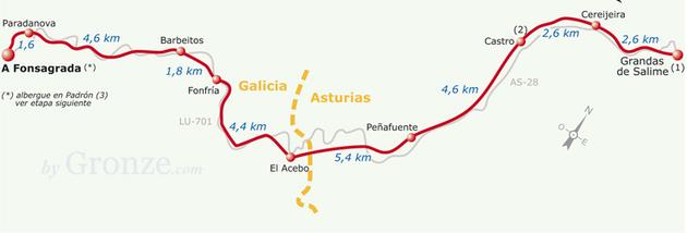Etap 7 Grandas de Salime - A Fonsagrada (27.6 km) Careijeira Wys.: 640 m.n.p.m. Do Castro (): 2.7 km Do Santiago de Compostela: 180.5 km Castro () Wys.: 674 m.n.p.m. Do El Acebo (): 9.