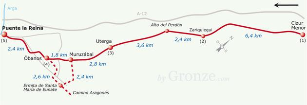 Etap 4 Cizur Menor/Cizur Txiki - Puente la Reina/Gares (18 km) Uterga Do Obanos: 3.5 km Do Santiago de Compostela: 686.