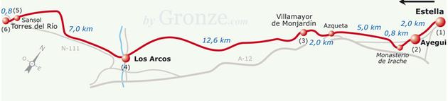 Etap 6 Estella/Lizarra - Torres del Rio (28.5 km) Opuszczając Estellę camino biegnie dwoma drogami przez kilka kilometrów. Jeżeli chcemy odwiedzić Irache należy udać się drogą w lewo.