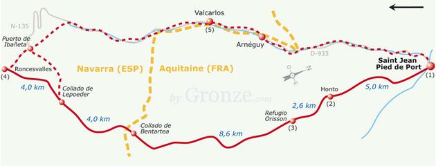 Etap 1 Saint Jean Pied de Port - Roncesvalles (24.2 km) Saint Jean Pied de Port Wys.: 180 m.n.p.m. Do Honto: 5 km Do Santiago de Compostela: 771.4 km 1.