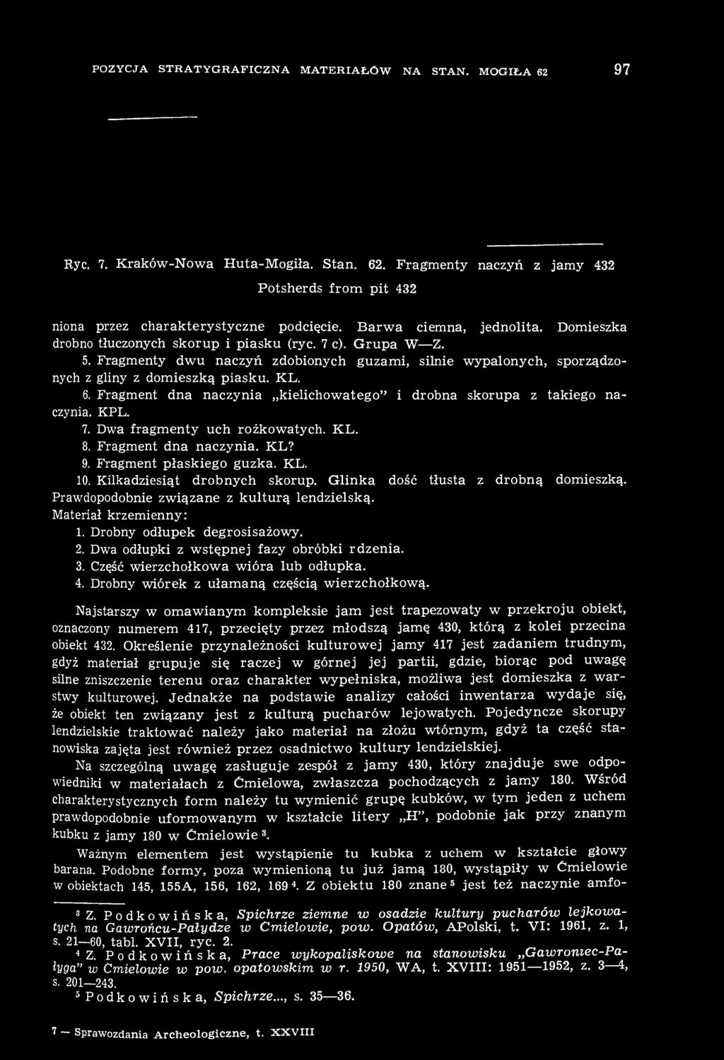 6. Fragment dna naczynia kielichowatego" i drobna skorupa z takiego naczynia. KPL. 7. Dwa fragmenty uch rożkowatych. KL. 8. Fragment dna naczynia. KL? 9. Fragment płaskiego guzka. KL. 10.