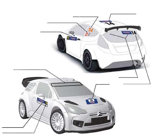 Front door panel 2 Championship indentification Organisers optional advertising 7 Championship windscreen 6 Window panel Rally plate 4c Competition number 3 Front door panel 2