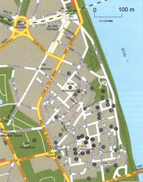 Ryc. 15. Plan pieszej trasy miejskiej w Toruniu wg. Kwiatek J., Lijewski T., 1998, Leksykon Miast Polskich, Muza S.A., Warszawa: 1103 ss. 1. Ratusz 2. Pomnik Mikołaja Kopernika, 3.