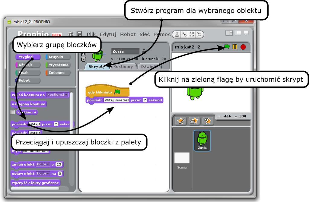 Rys. 6: Twój pierwszy program w Prophio i efekt jego działania. Rys.