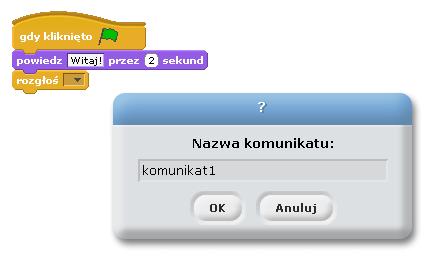 ma nic wspólnego z tekstem, który ma wypowiedzieć obiekt 2 (Jaś), służy tylko identyfikacji komunikatu może ich w programie być więcej. Komunikaty pozwalają synchronizować działanie wielu obiektów.