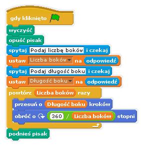 Ćwiczenie 1 Zmodyfikuj powyższy program tak, by rysował wielokąty o z góry zadanej długości boku np. 30 i dowolnej liczbie boków. Niech twój program zadaje pytanie o liczbę boków.