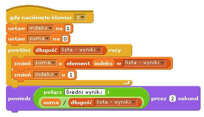 Elementy do listy możesz dodawać i usuwać zarówno ręcznie (w oknie listy na scenie), lub wykorzystując bloczki dodaj...do..., usuń...z... i wstaw...na pozycję...w... z palety zmienne.