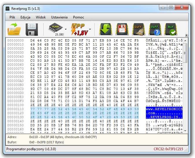 Zawartość pamięci lub pliku wczytana do bufora zostanie wyświetlona w postaci heksadecymalnej (szesnastkowej) oraz ASCII (znakowej). Istnieje możliwość edycji zawartości bufora.