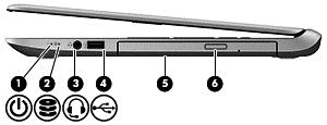 Prawa strona Element Opis (1) Wskaźnik zasilania Świeci: komputer jest włączony. Miga: komputer znajduje się w trybie uśpienia, który jest stanem oszczędzania energii.