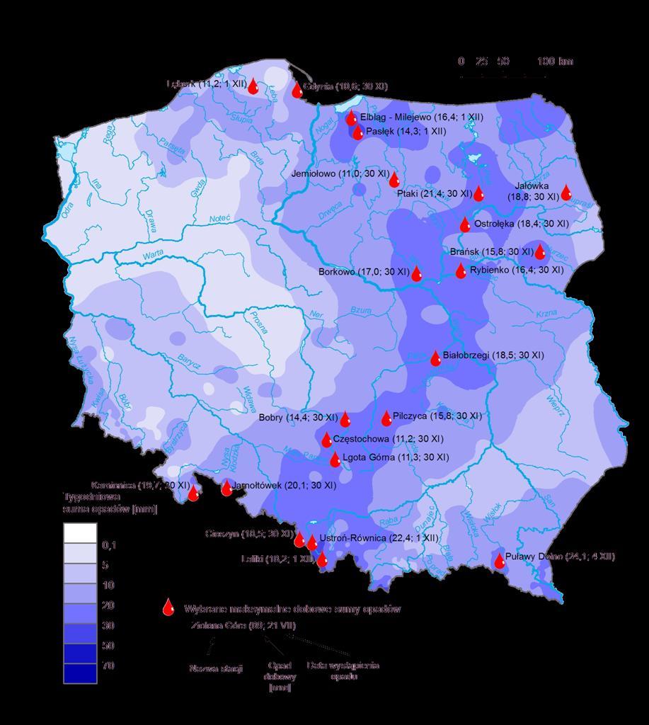 3. Rozkład tygodniowej sumy opadów oraz wybrane maksymalne